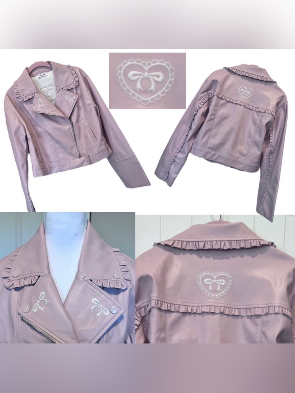 Rareraw Pink Ruffle Moto Jacket Heart Bow Embroidery Faux Leather SzSmall 18 PTP